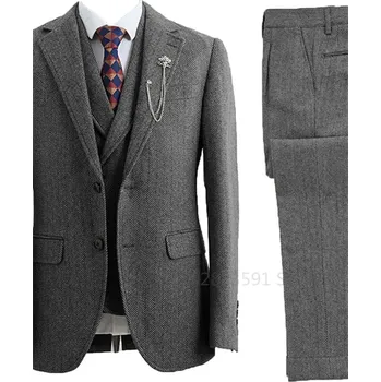 Třídílný pánský oblek z tvídu s dvouřadým sakem Velikost: 4XL, Barva (Varianta): Šedá