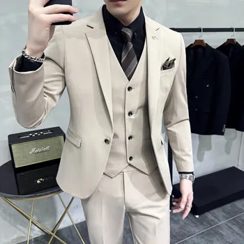 Jednořadý třídílný oblek – britský styl s módní vestou Velikost: 3XL, Barva (Varianta): Khaki