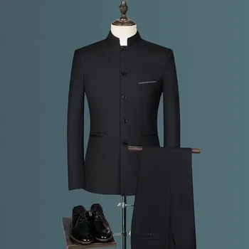 Pánský oblek Dvoudílný oblek – módní stojáček pro muže Velikost: 4XL, Barva (Varianta): Černá