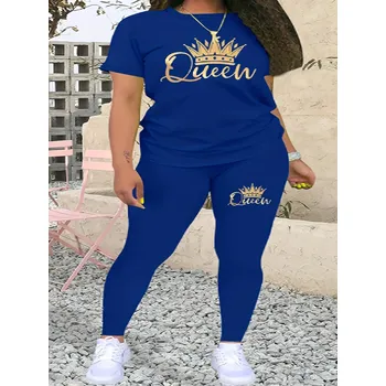 Dvoudílný dámský komplet s potiskem – pohodlné nošení Barva: Modrá, Velikost: 2XL