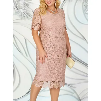 Dámské šaty Elegantní vyšívané šaty – plus size, midi délka, slim fit Barva: Růžová, Velikost: 2XL