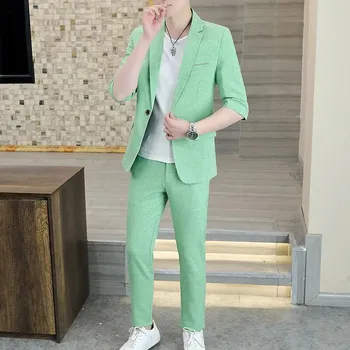 Pánský oblek Lehký ležérní oblek slim fit – jaro a léto Velikost: S, Barva (Varianta): Zelená