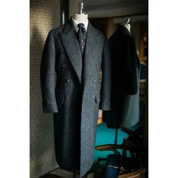 Pánský zimní kabát Vlněný kabát s rybí kostí – dvouřadý dlouhý kabát v retro stylu Velikost: L, Barva (Varianta): Gray Herringbone