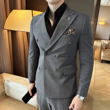 Pánský oblek Dvoudílný business komplet – stylový podzimní střih s dvouřadým sakem Velikost: M, Barva (Varianta): Tmavě šedá