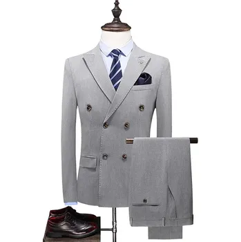 Pánský oblek Stylový oblek s vestou a kalhotami – pruhovaný double-breasted Velikost: XXS, Barva (Varianta): Světle šedá