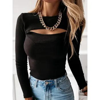 Dámské tričko Dámské žebrované triko s průstřihy – dlouhý rukáv, slim fit Velikost: M, Barva (Varianta): Černá