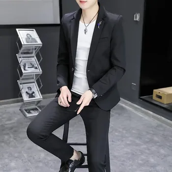 Pánský oblek Korejský pánský oblek s páskem ve slim střihu – dvoudílný set Velikost: XXS, Barva (Varianta): Černá