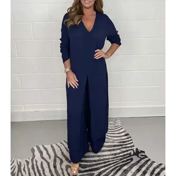 Elegantní dvoudílný komplet – halenka a široké kalhoty Barva: Tmavě Modrá, Velikost: 4XL