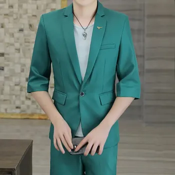 Pánský oblek Elegantní oblek se zkráceným rukávem a pruhovanými kalhotami Velikost: XS, Barva (Varianta): Zelená