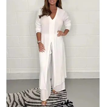 Elegantní dvoudílný komplet – halenka a široké kalhoty Barva: Bílá, Velikost: L