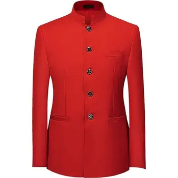 Pánské sako Jednobarevné sako slim fit – čínský styl pro formální příležitost Velikost: 4XL, Barva (Varianta): Červená