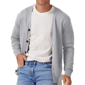 Pánský svetr Pánský pletený kardigan – dlouhý rukáv a lehký materiál Barva: Světle Šedá, Velikost: 3XL