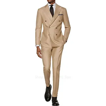 Pánský oblek Dvoudílný svatební oblek – dvouřadý střih a špičaté klopy Velikost: S, Barva (Varianta): Khaki