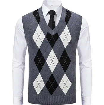 Pánský svetr Pánský svetrový vesta – kostkovaný vzor, bez rukávů Velikost: M, Barva (Varianta): mj00 Grey