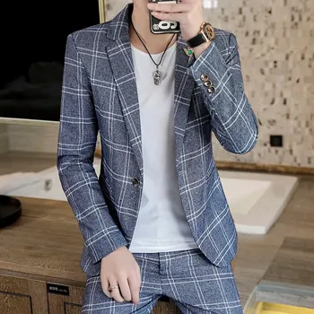 Pánský oblek Dvoudílný kostkovaný oblek – korejský trendy střih Velikost: XXS, Barva (Varianta): Modrá