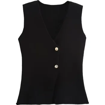 Dámské žebrované tílko – jednoduchý střih, zlaté knoflíky Velikost: S, Barva (Varianta): Černá