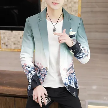 Pánské sako Slim sako s potiskem – korejský styl pro společenské akce Velikost: M, Barva (Varianta): Tyrkysová