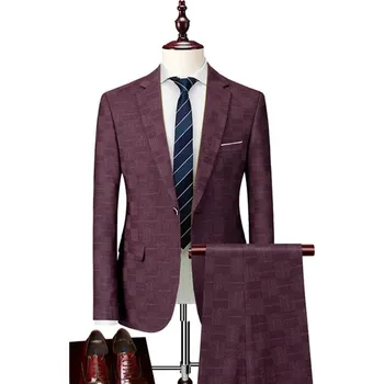 Pánský oblek Třídílný kostkovaný oblek – svatební britský styl s vestou Velikost: L, Barva (Varianta): Bordová