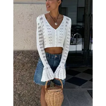 Dámský svetr Dámský průsvitný cardigan – háčkovaný, zkrácený střih Barva: Bílá, Velikost: M