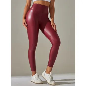 Dámské legíny Dámské kožené legíny – vysoký pas, elastické, slim střih Barva: Vínová, Velikost: XS