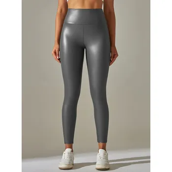 Dámské legíny Push-up legíny z koženkového materiálu s vysokým pasem Barva: Šedá, Velikost: S