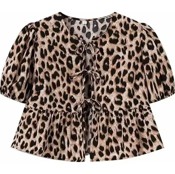 Dámská halenka Dámský crop top s leopardím vzorem – nabírané rukávy a volány Barva: Leopardí, Velikost: M