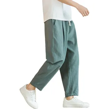 Pánské kalhoty Pánské volné lněné kalhoty s kapsami a šňůrkou v pase Barva: Zelená, Velikost: 4XL