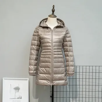 Dámská parka Dámská péřová bunda – lehká, dlouhá, s kapucí a vakem Velikost: L, Barva (Varianta): Gray khaki