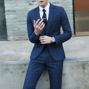 Stylový třídílný oblek slim fit – vesta, kalhoty, sako Velikost: M, Barva (Varianta): Tmavě modrá