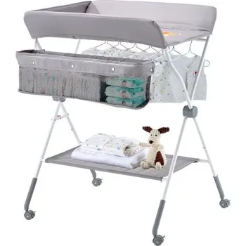 přebalovací pult a komoda Přebalovací pult VEVOR pro děti, skládací přebalovací stanice s bočním košíkem, přenosný přebalovací pult s nastavitelnou výškou a uzamykatelnými kolečky, multifunkční úložný organizér do dětského pokoje, světle šedý