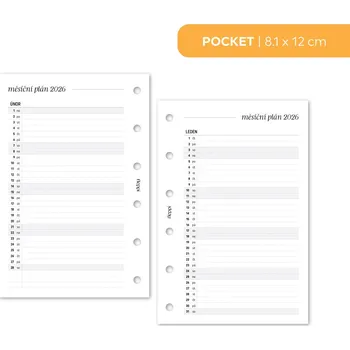 Diář Fleppi Náplň do diáře - Měsíční plán 2026 Vyberte velikost náplně: Pocket
