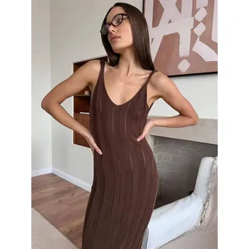 Dámské šaty Dámské úpletové maxišaty – sexy šaty na pláž i večer Barva: Hnědá, Velikost: M