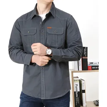 Pánská košile Pánská bavlněná košile v army stylu – dlouhý rukáv Barva: Šedá, Velikost: 4XL