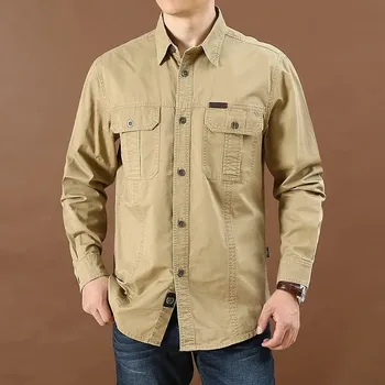 Pánská bavlněná košile v army stylu – dlouhý rukáv Barva: Khaki, Velikost: 5XL