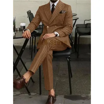 Dvoudílný oblek – elegantní dvouřadý střih pro ženicha Velikost: 4XL, Barva (Varianta): Hnědá