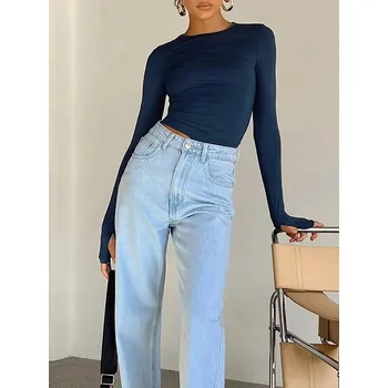 Dámské tričko Dámské crop tričko s dlouhým rukávem a otvory na palce Barva: Modrá, Velikost: S