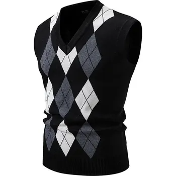 Pánský svetr Pánská svetr vesta s výstřihem do V a kostkovaným vzorem Barva: Černá, Velikost: M