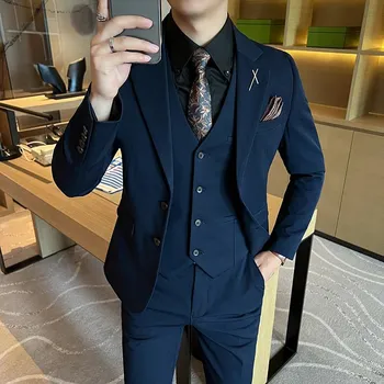 Pánský oblek Stylový třídílný pánský oblek – business casual kombinace Velikost: XXS, Barva (Varianta): Tmavě modrá