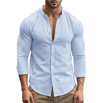 Pánská košile Pánská košile z bavlny a lnu – slim fit, základní styl, pohodlná Barva: Modrá, Velikost: S