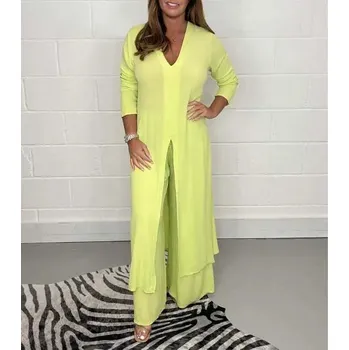 Elegantní dvoudílný komplet – halenka a široké kalhoty Barva: Žlutá, Velikost: XL