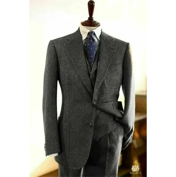 Pánský oblek Tweedový trojdílný oblek s rybí kostí – retro business styl Velikost: L, Barva (Varianta): Gray Herringbone