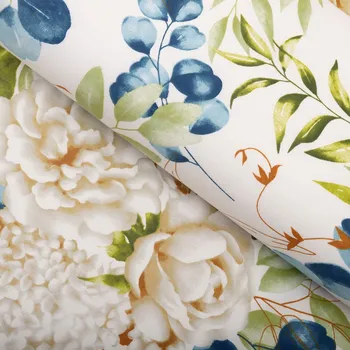 Bavlněná látka/plátno Sandra SA-668 Květy a modro-zelené listy na bílém - šířka 160 cm