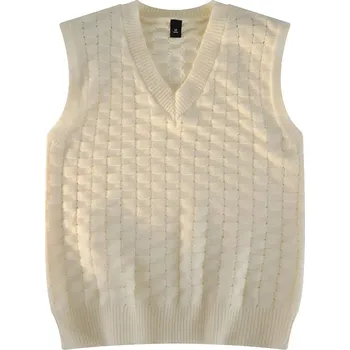Dámská vesta Pánská pletená vesta – V výstřih, jemný žakár, volnočasový styl Barva: Bílá, Velikost: 2XL
