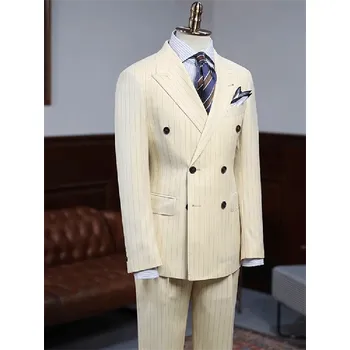 Dvoudílný oblek s proužkem – elegantní střih do práce i na svatbu Velikost: 4XL, Barva (Varianta): Béžová