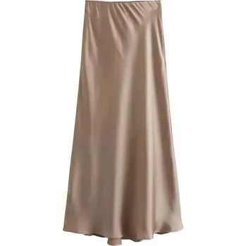 Dámská sukně Elegantní dámská saténová midi sukně do pasu Barva: Khaki, Velikost: M