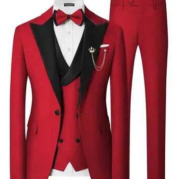 Pánský oblek Třídílný smoking se slim střihem a motýlkem Velikost: 3XL, Barva (Varianta): bright red