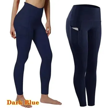 Dámské legíny Dámské bezešvé legíny s vysokým pasem a kapsami na fitness Barva: Tmavě Modrá, Velikost: XL