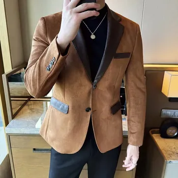Pánské sako Stylové semišové sako – korejský design s patchwork detaily Velikost: L, Barva (Varianta): Kávová