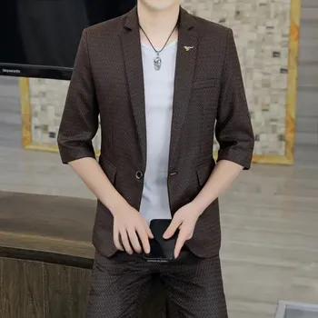 Pánský oblek Elegantní oblek se zkráceným rukávem a pruhovanými kalhotami Velikost: XXS, Barva (Varianta): Kávová