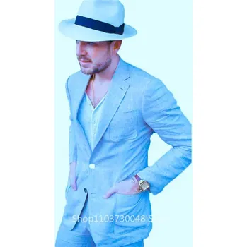 Dvoukousek pánský oblek z lnu – sako se dvěma knoflíky a kalhoty Velikost: S, Barva (Varianta): Světle modrá